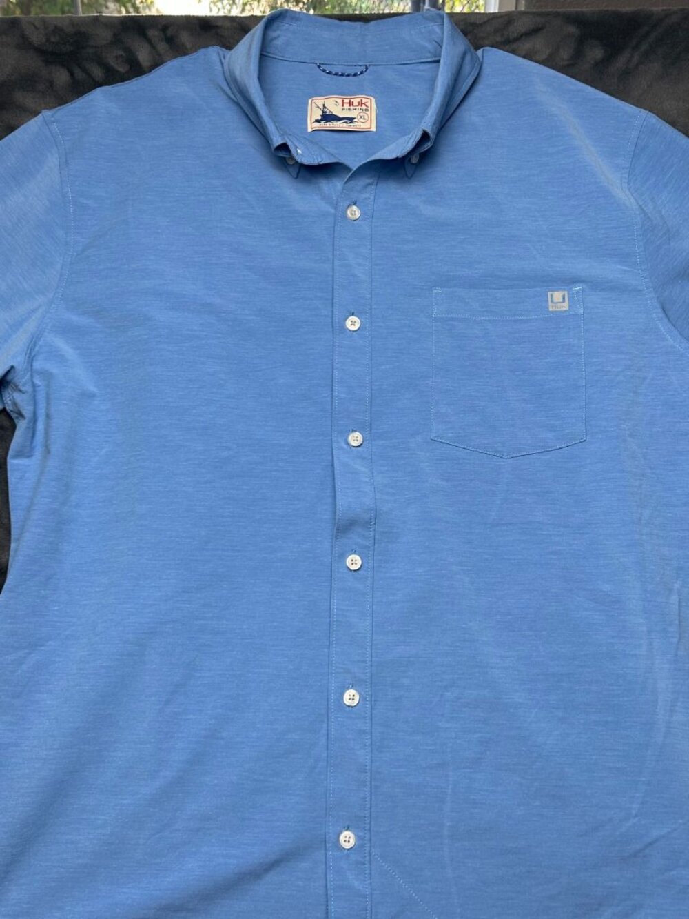 Huk Fishing Short Sleeve Button Shirt Xl Blue Polyester Cotton Spandex Stretch - Picture 2 of 7